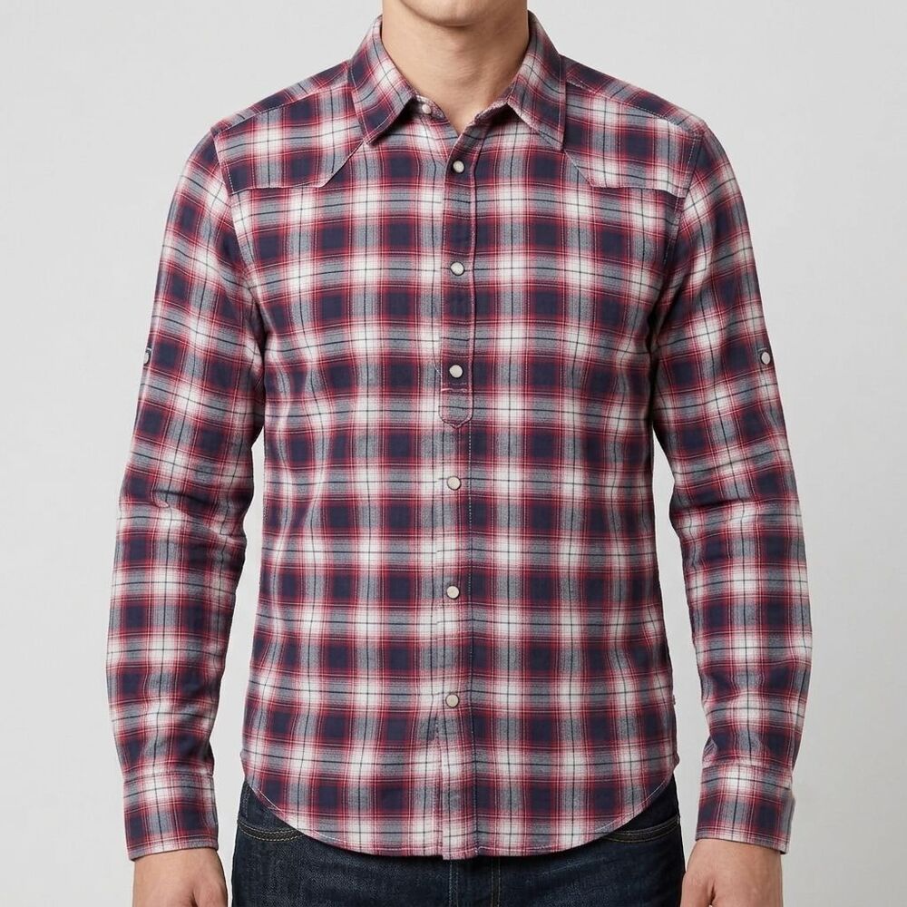Scotch & Soda Pearl Snap Shirt Mens Large Red Plaid Roll Up Sleeve Western